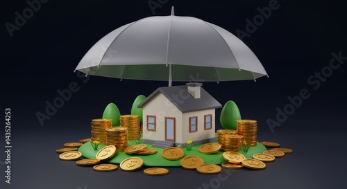 Wallpaper Mural Secure Home Investment - A 3D ing of a house protected by an umbrella, surrounded by gold coins, symbolizing safe and secure home investment. Torontodigital.ca