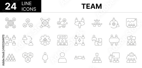 Collection of 24 team line icons featuring editable strokes. These outline icons depict various modes of team, teamwork, icon, association, collaboration, business, community, communication, businessm