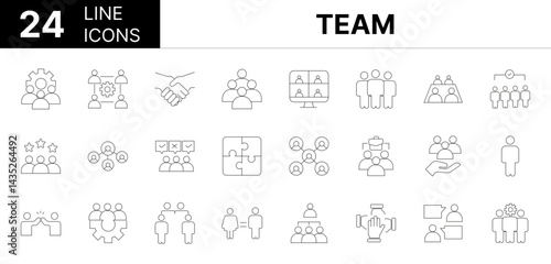 Collection of 24 team line icons featuring editable strokes. These outline icons depict various modes of team, teamwork, icon, association, collaboration, business, community, communication, businessm