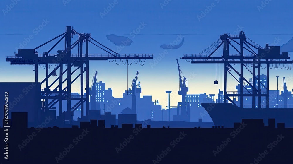 Fototapeta premium Industrial port silhouette with cranes and cargo ships at dusk