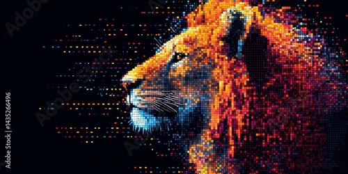 Digital lion art portrait. Pixels creating animal in dark background. Graphic design use case