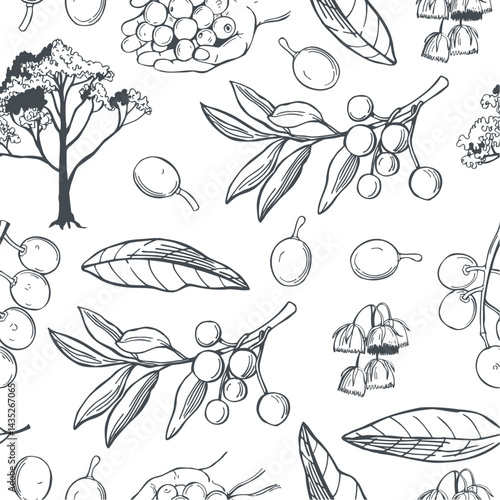 Hand-drawn Strawberry tree (Arbutus unedo)  on white background. Vector seamless pattern.