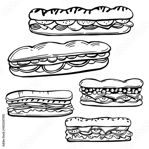 Hand-drawn baguette sandwich set. Vector sketch illustration