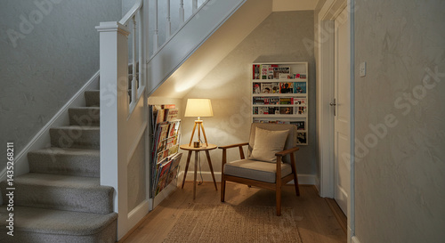 Wallpaper Mural Interior shows Staircase with Chair and Lamp in a Cozy Home Reading Nook Area Torontodigital.ca