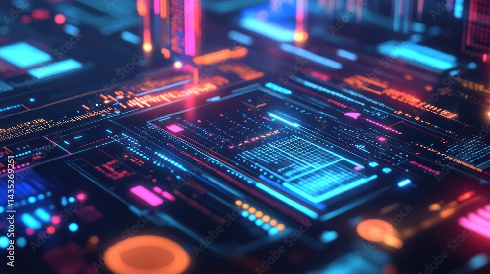 Fototapeta premium Abstract digital circuit board with vibrant glowing neon lights