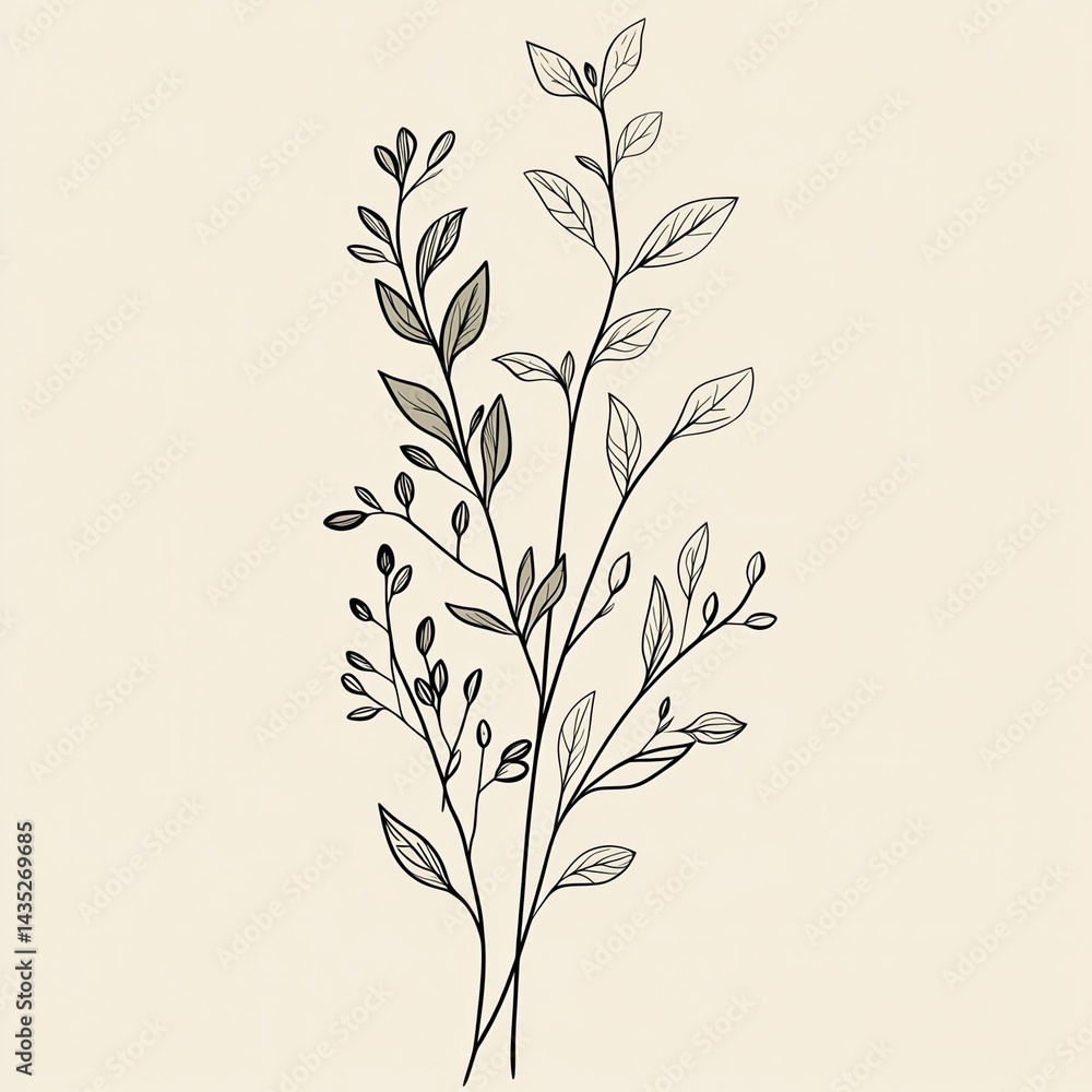Naklejka premium Botanical line art illustration, hand drawn herbs and branches set, vector floral hand drawn clipart