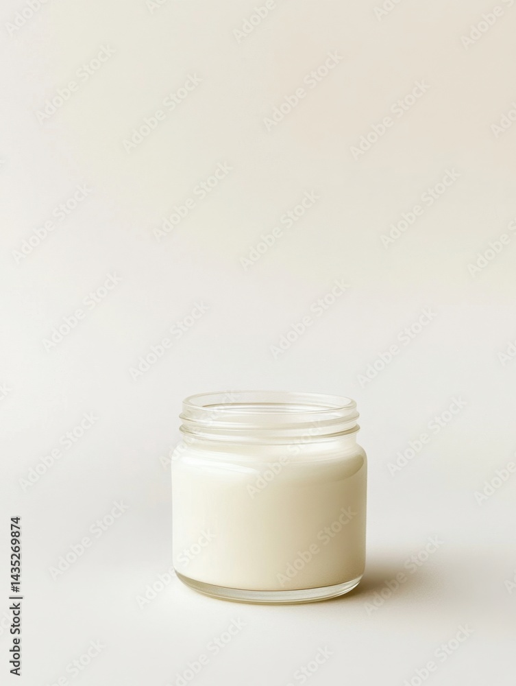 Creamy white substance in a glass jar on a neutral background evoking purity and simplicity perfect for food and beauty product concepts with soft light Creamy white substance in a glass jar on a neutral background evoking purity and simplicity perfect for food and beauty product concepts with soft light