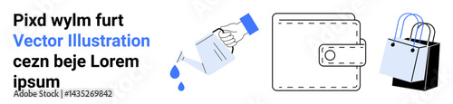 Hand watering savings growth, wallet symbolizing money management, and shopping bag for commerce themes. Ideal for finance, economy, retail, e-commerce, budgeting, sustainability flat landing page