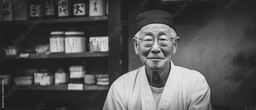 Elderly japanese man portrait traditional workshop black and white photography intimate atmosphere close-up cultural heritage