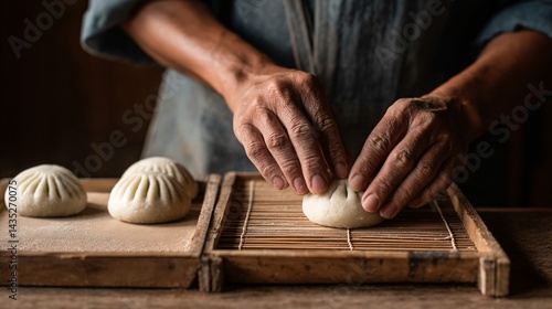 Culinary artistry closeup of hands pressing mochi dough traditional kitchen food photography warm atmosphere