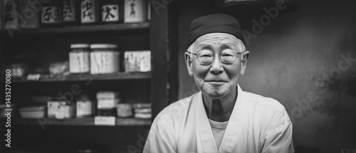 Obraz na płótnie Elderly japanese man portrait traditional workshop black and white photography intimate atmosphere close-up cultural heritage w salonie