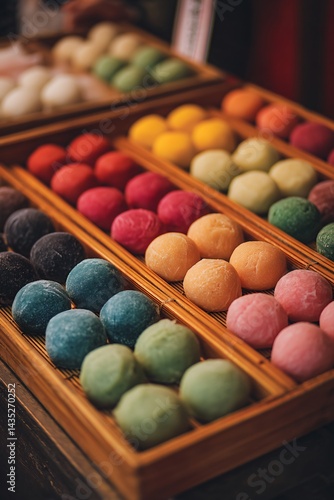 Colorful japanese mochi delights traditional market food photography vibrant atmosphere close-up view culinary culture