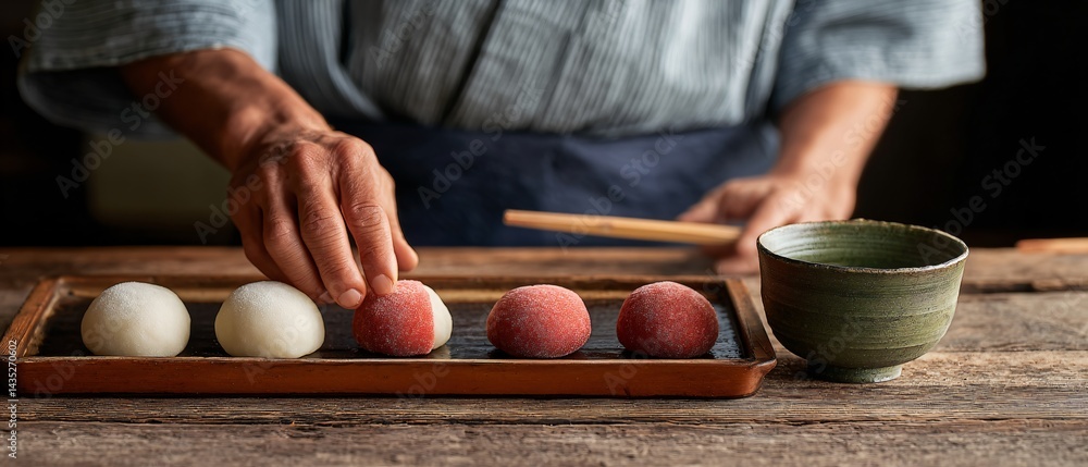 Artisan preparing fresh ichigo daifuku in a rustic kitchen setting traditional japanese cuisine close-up view