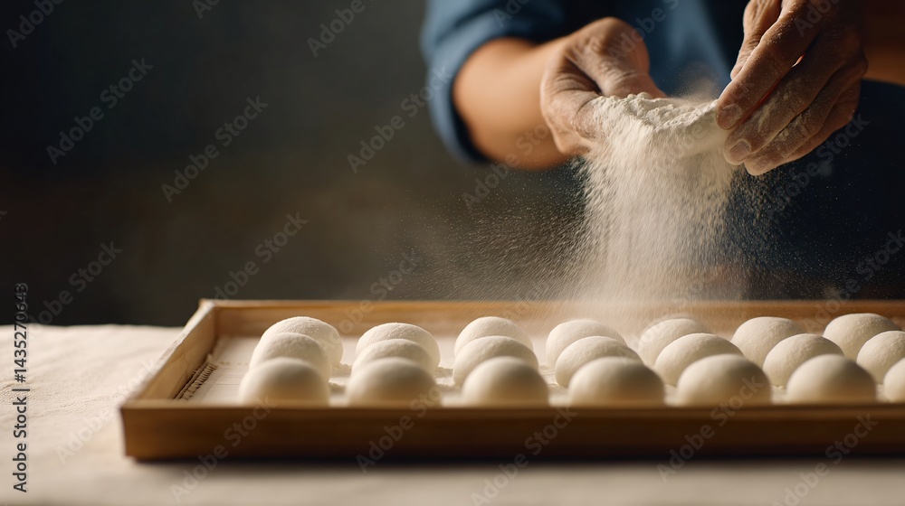 Slowmotion action of rice flour dusting in culinary preparation kitchen setting fine art photography close-up view
