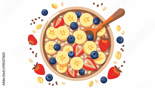 Colorful smoothie bowl with fruits and oats on a white background  