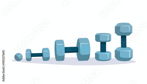 Cartoon dumbbells in various sizes lined up against a white background  