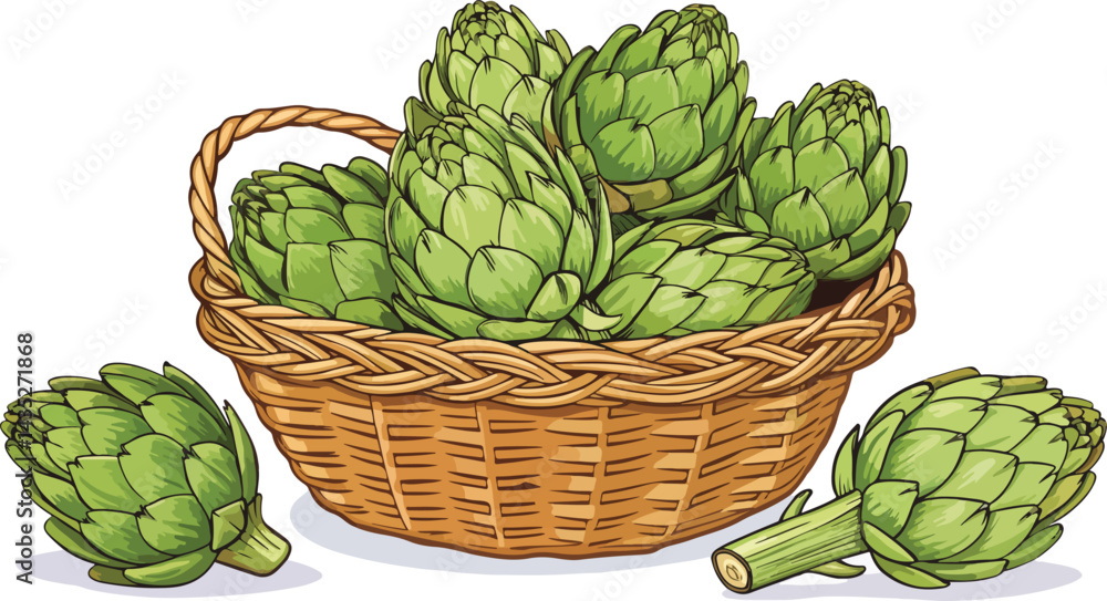 Fototapeta premium Artichoke in wicker basket in white background vector design, Artichoke vector design