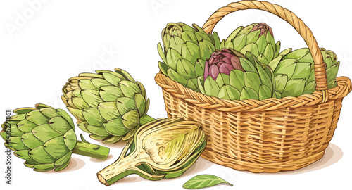 Artichoke vector design, Artichoke in wicker basket in white background Illustration vector design