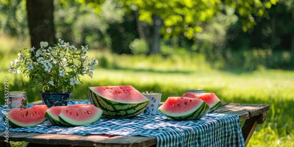 A refreshing watermelon slices arranged on a summer picnic table A refreshing watermelon slices arranged on a summer picnic table