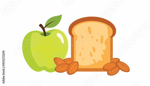 Green apple, slice of bread, and almonds on a white background  