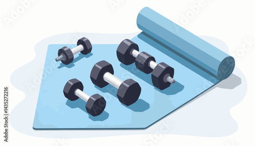 Dumbbells resting on an exercise mat in a minimalist style  