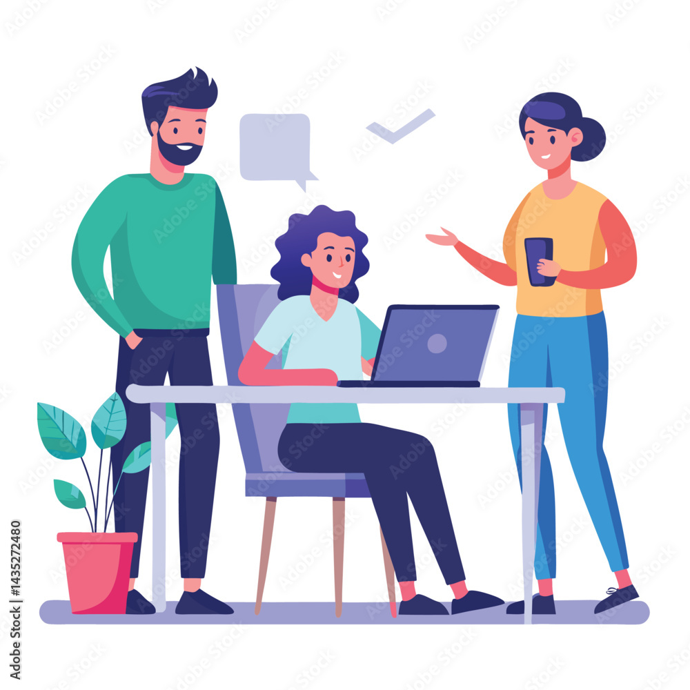 man sitting at his desk working on laptop, with woman standing near him holding phone, designed in flat style vector
man sitting at his desk working on laptop, with woman standing near him holding phone, designed in flat style vector