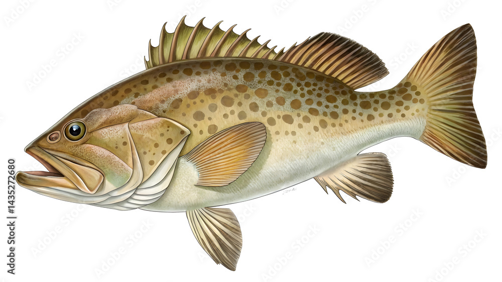 Realistic Grouper Fish Illustration, Detailed Gradient Textures on White Realistic Grouper Fish Illustration, Detailed Gradient Textures on White