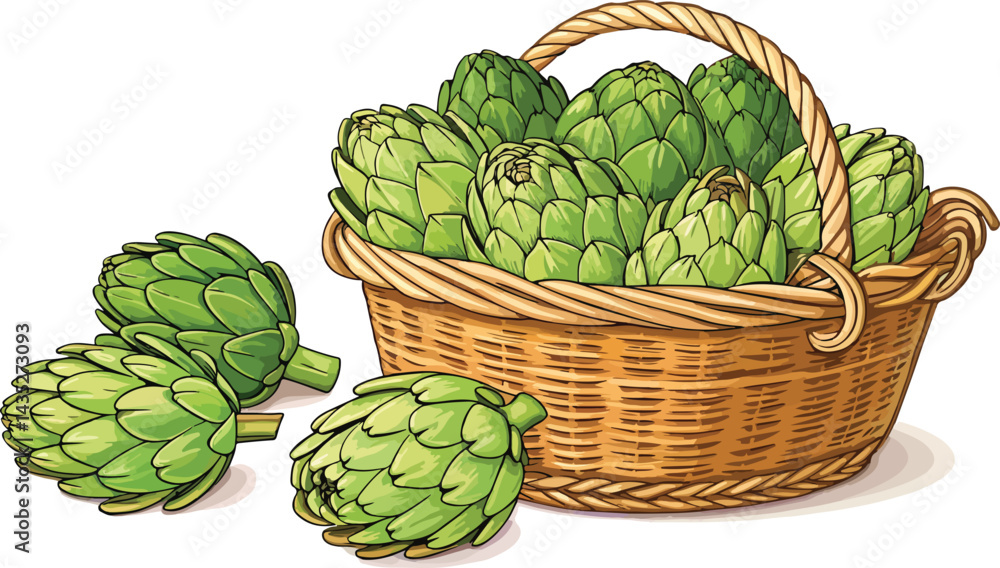 Fototapeta premium Artichoke in basket with Artichoke Slice in white background vector design, Artichoke vector design