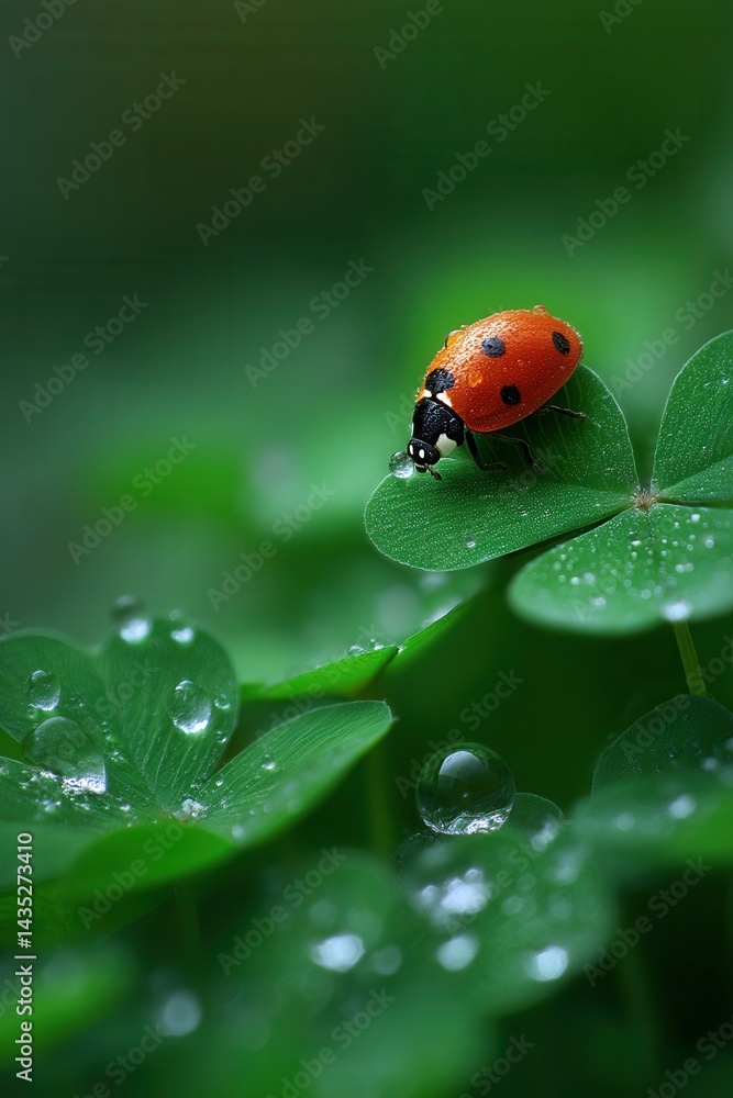 Enchanting macro of a ladybug perched on a vibrant clover leaf adorned with glistening dew drops in a lush green field capturing nature's delicate beauty Enchanting macro of a ladybug perched on a vibrant clover leaf adorned with glistening dew drops in a lush green field capturing nature's delicate beauty