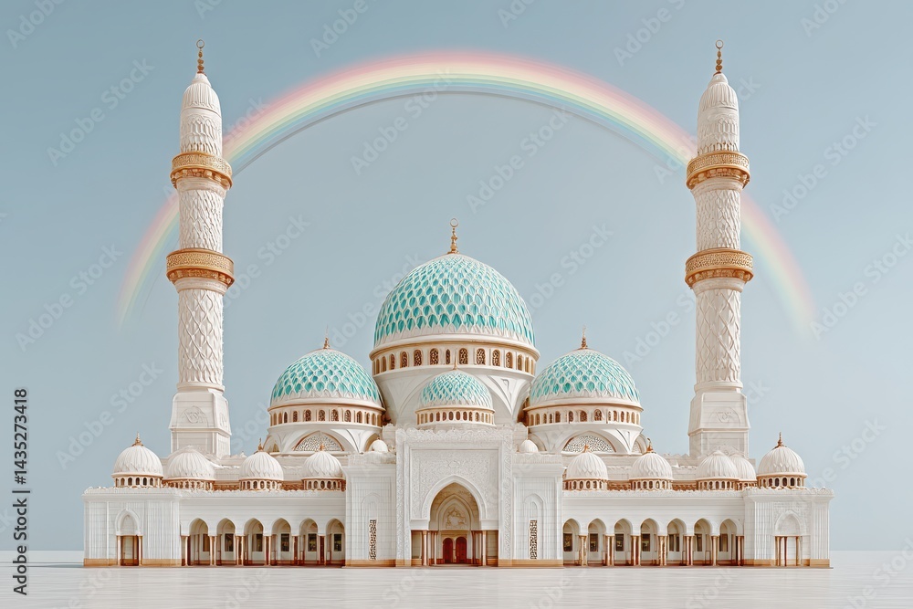 Obraz premium Majestic Mosque Under Rainbow Symbolizing Global Interfaith Harmony and Peaceful Unity