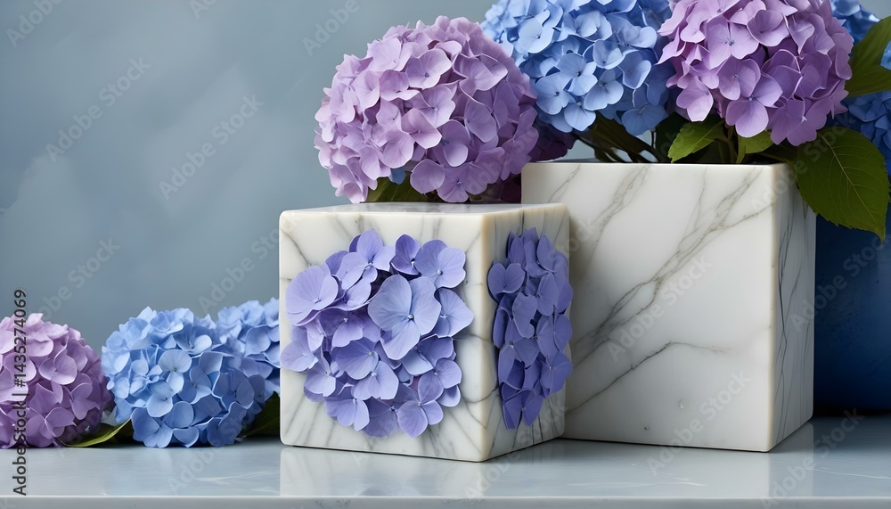 Fototapeta premium A beautiful arrangement of purple and blue hydrangeas showcased in elegant marble vases.