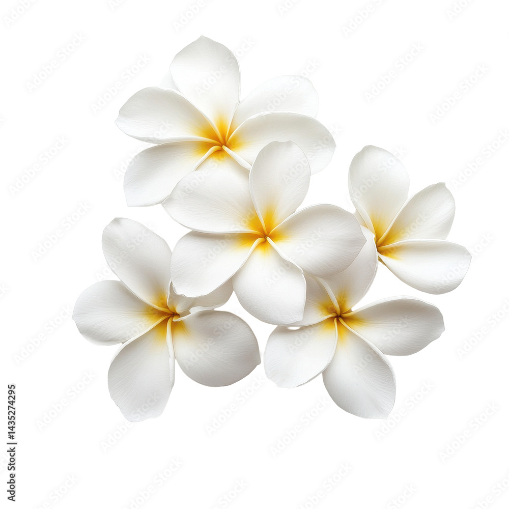 Fototapeta premium Beautiful white frangipani flower blossoms with delicate yellow accents on isolated background, Image frangipani tree with beautiful leaves and red flowers isolated on Transparent background