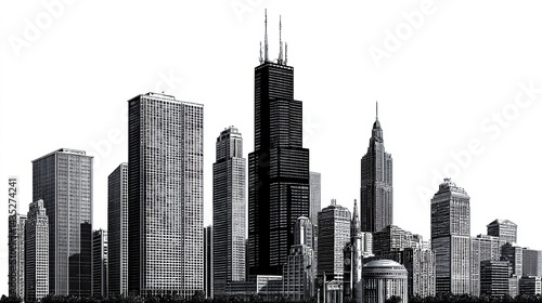 High-detail vector silhouette of the Chicago skyline, including notable structures - Tribune skyscrapers Millennium illustration