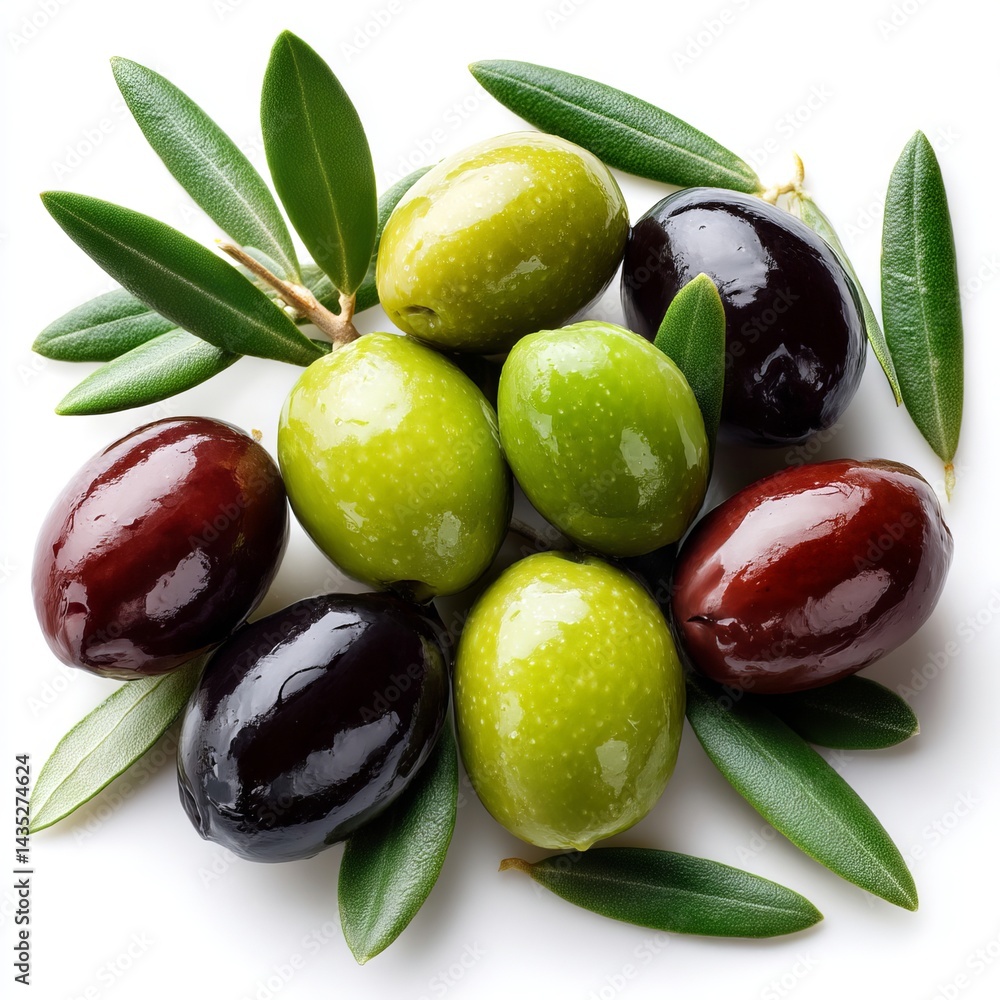 Obraz premium A bunch of olives with leaves on a white background