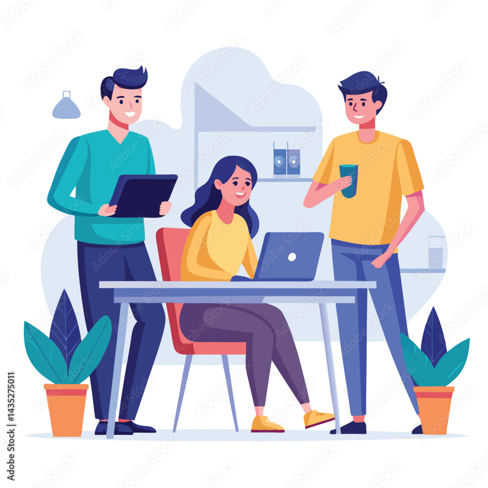 man sitting at his desk working on laptop, with woman standing near him holding phone, designed in flat style vector
man sitting at his desk working on laptop, with woman standing near him holding phone, designed in flat style vector