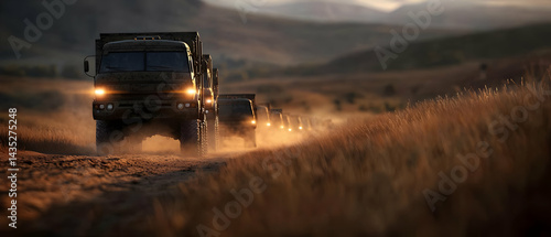 Military trucks on a dusty trail