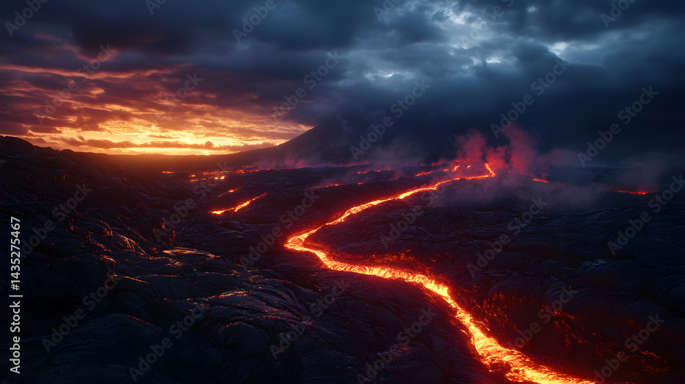 Obraz premium A glowing volcanic landscape with rivers of flowing lava cutting through the rocky terrain, lighting up the dark surroundings with fiery red and orange hues.