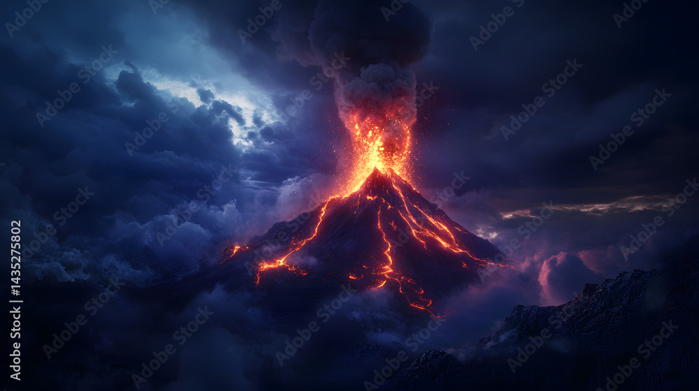 A glowing volcano erupting with fiery red lava fountains shooting high into the sky, casting a fiery glow on the surrounding landscape. A glowing volcano erupting with fiery red lava fountains shooting high into the sky, casting a fiery glow on the surrounding landscape.
