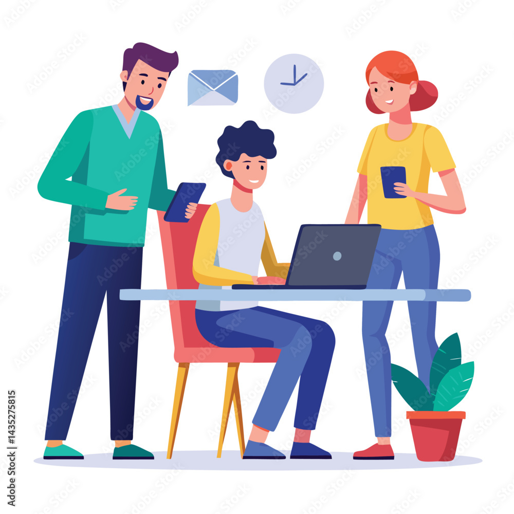 man sitting at his desk working on laptop, with woman standing near him holding phone, designed in flat style vector
man sitting at his desk working on laptop, with woman standing near him holding phone, designed in flat style vector