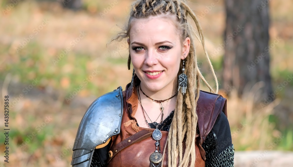 Beautiful young blonde Viking woman with piercings and dreadlocks and a cheeky look wears leather armor and jewelry