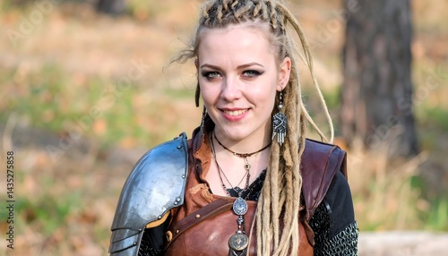 Obraz na płótnie Beautiful young blonde Viking woman with piercings and dreadlocks and a cheeky look wears leather armor and jewelry w salonie