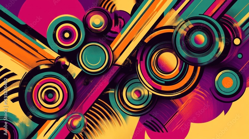 Abstract vibrant artwork with overlapping circles, lines, and shapes in bold colors. Abstract vibrant artwork with overlapping circles, lines, and shapes in bold colors.