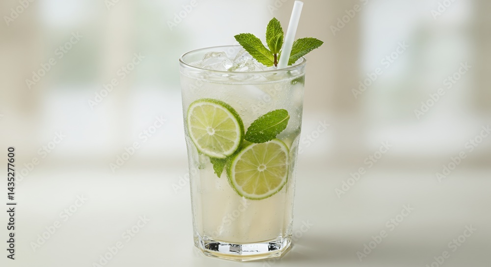 Refreshing Coconut Mojito with Lime and Mint in Bright Studio Setting Ideal for Ads and Promotions Featuring Clear Ice Cubes and a White Straw Refreshing Coconut Mojito with Lime and Mint in Bright Studio Setting Ideal for Ads and Promotions Featuring Clear Ice Cubes and a White Straw