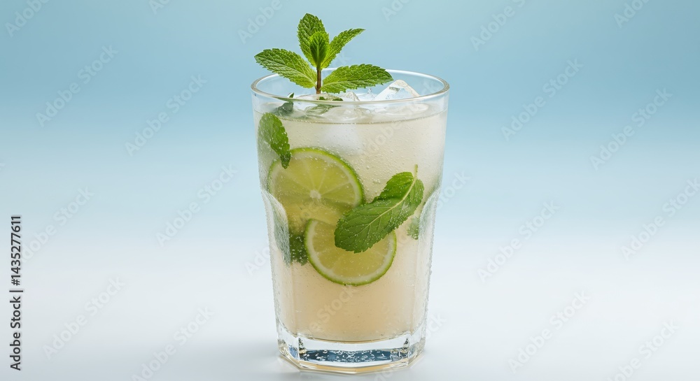 Refreshing Coconut Mojito with Lime and Mint on Light Blue Gradient Background Perfect For Summer Ads and Tropical Getaways