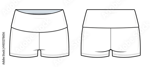 Foldover Waistband Active Shorts Technical Fashion Illustration. Women’s High-Waist Shorts Vector Template. Stretch Fabric. Front and Back Views. Relaxed Bodycon Fit. Minimalist CAD Mockup.
