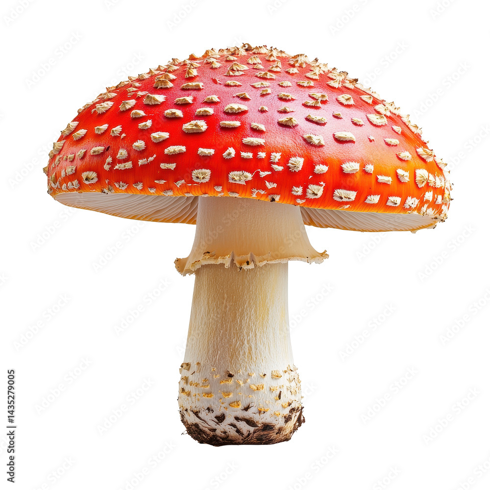 Obraz premium Stunning red fly agaric mushroom displayed against a clean Transparent background, Red mushroom Fly agaric (Amanita muscaria) isolated on PNG background