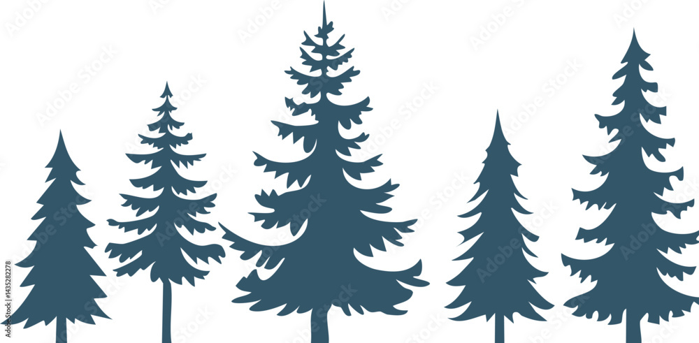 Obraz premium Vector Silhouettes of Pine Trees in Teal Blue Color with Minimalist Paper Cut-Out Style for Winter Scene