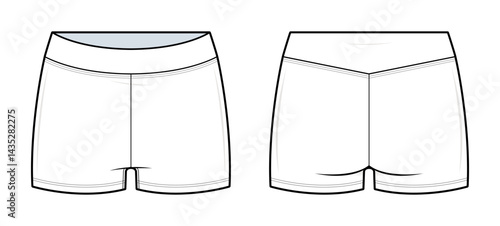 Basic High-Waist Active Shorts Technical Fashion Illustration. Women’s Fitted Shorts Vector Template. Clean Waistband. Front and Back Views. Body-Hugging Fit. Minimalist CAD Mockup.