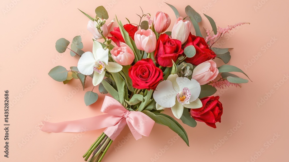Fototapeta premium Luxurious specialty bouquet featuring vibrant red roses, pastel pink tulips, and white orchids tied with a blush pink ribbon, diagonally placed on a muted peach-pink background.