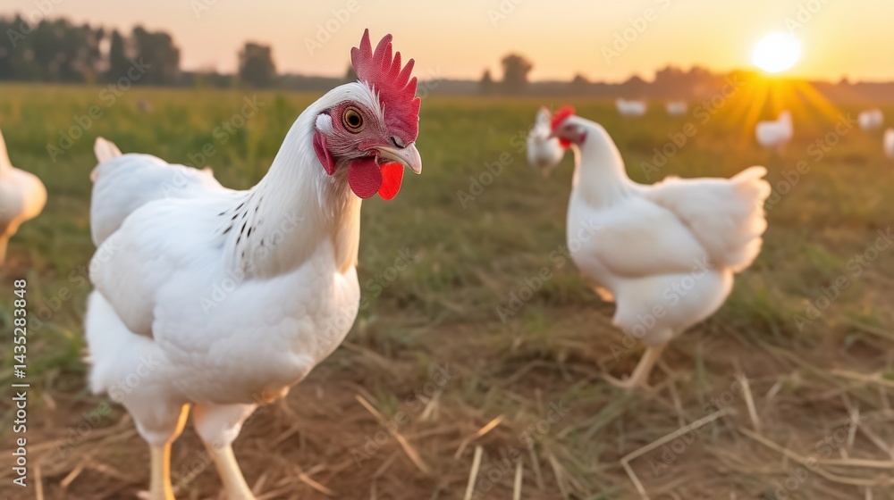 Fototapeta premium Free range chickens on a farm at sunrise capturing the essence of rural livestock life